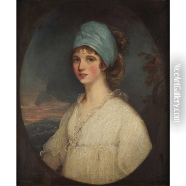 Portrait Of A Lady In A Blue Turban Oil Painting - Sir John Hoppner