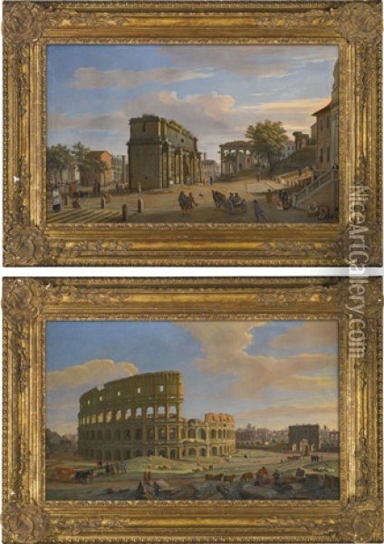 Two Views Of Rome: The Arch Of Septimius Severus With The Temple Of Saturn; And The Colosseum With The Arch Of Constantine Oil Painting - Gaspar van Wittel