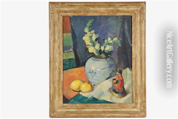 Floral Still Life With Lemons,  Ginger Jar And Oriental Figurine Oil Painting - Maurice Compris