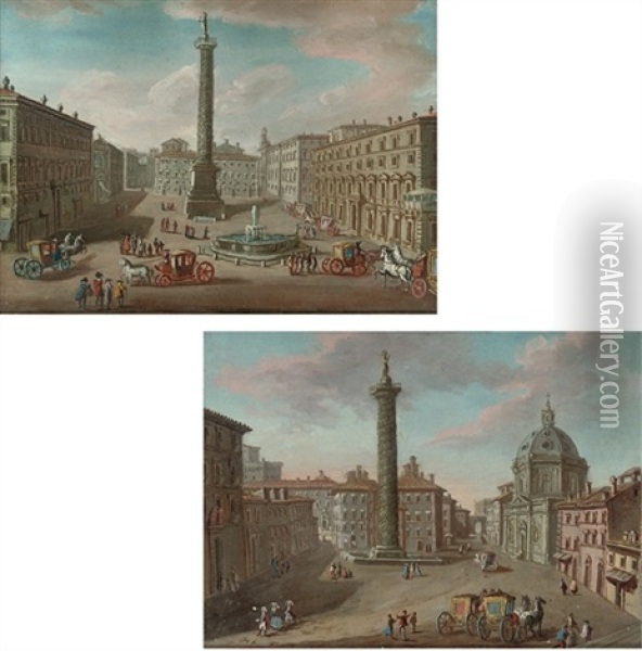 A View Of The Piazza Colonna, Rome (+ A View Of The Piazza Colonna, Rome; Pair) Oil Painting - Hendrick Frans van Lint