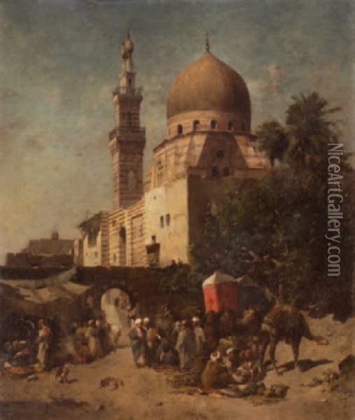 A Bedouin Camp By The Walls Of A City Oil Painting - Emile Regnault de Maulmain