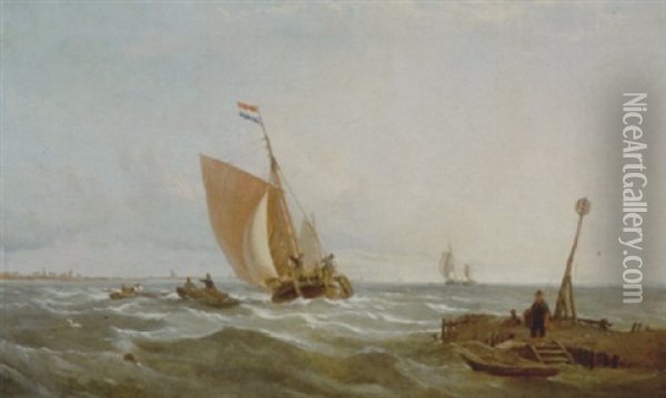 A Dutch Fishing Boat Returning To Harbour With Fisherfolk In The Foreground Unloading The Catch Oil Painting - Thomas Sewell Robins