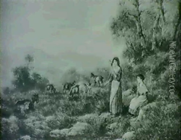 The Goatherds;  The Shepherdesses Oil Painting - Arthur Trevor Haddon