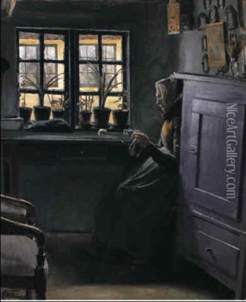 Interior Med Strikkende Gammel Kone. Naestved Oil Painting - Laurits Andersen Ring