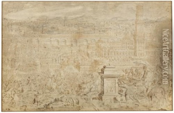 Topographic View Of Jerusalem: Judas Maccabeus Victorious Over Antiochus Oil Painting - Lievin Cruyl