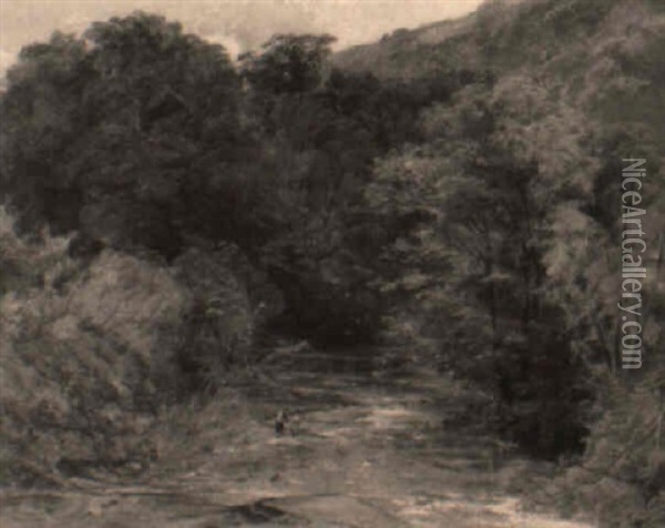 A Wooded River Landscape With Figures By A Stream Oil Painting - Thomas Creswick