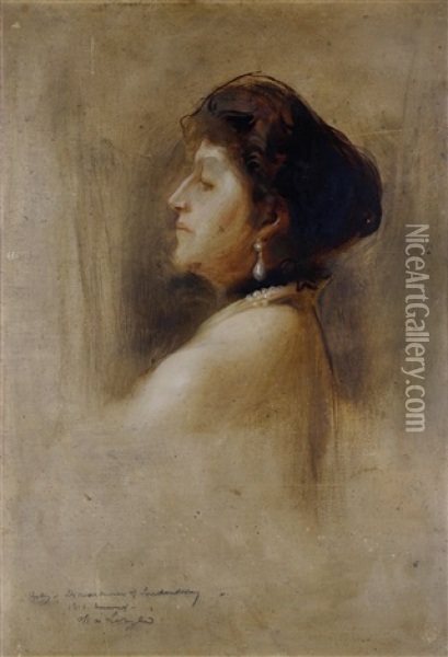 Theresa Vane-tempest-stewart, 6th Marchioness Of Londonderry Head-and-shoulders, In Profile To The Left, Wearing A Black Choker And Row Of Pearls Oil Painting - Philip Alexius De Laszlo