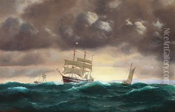 Seascape With Sailing Ships In Stormy Weather Oil Painting - Johan Jens Neumann