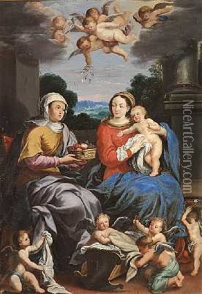 Anna, Maria Og Jesusbarnet Omgivet Af Engle I Et Landskab Oil Painting - Francesco Albani