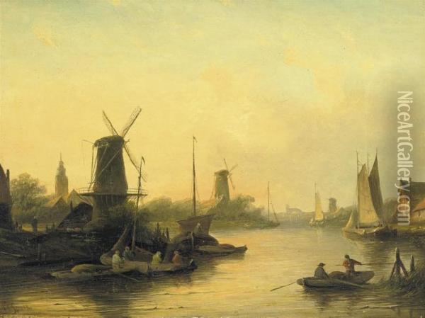 Sunset Over A Dutch Waterway Oil Painting - Jan Jacob Coenraad Spohler