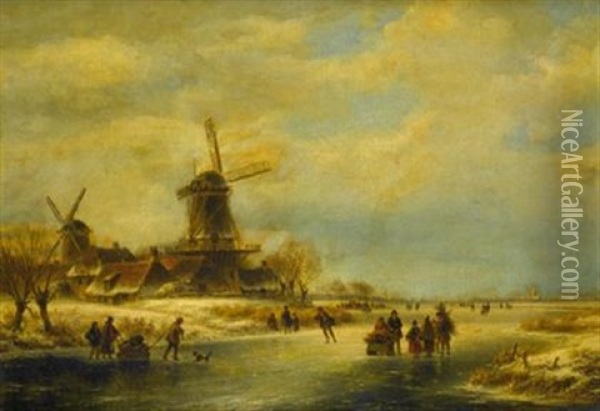 Landscape With Villagers On A Frozen Waterway Oil Painting - Lodewijk Johannes Kleijn