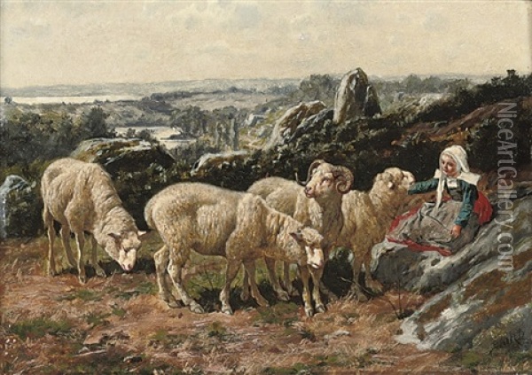 A Shehperdess With Her Flock, Resting In The Mountains Oil Painting - William Baptiste Baird