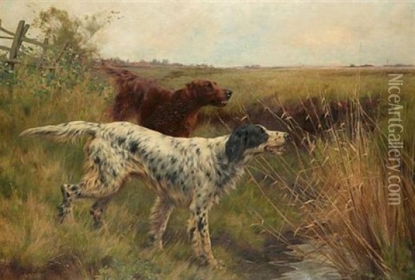 An English Setter And An Irish Setter In A Landscape Oil Painting - Thomas Blinks