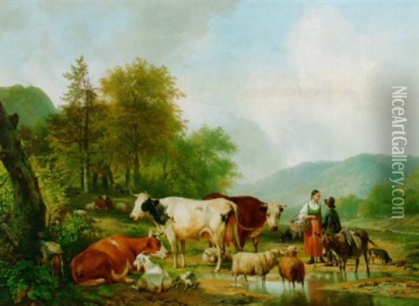 A Summer Landscape With Little Herds Watering Their Cattle Oil Painting - Hendrik van de Sande Bakhuyzen