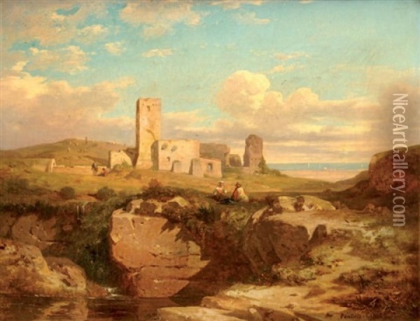 Couple De Bergers Devant Des Ruines En Italie Oil Painting - Antoine Claude Ponthus-Cinier