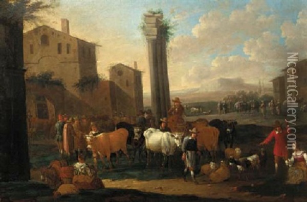 An Italianate Town With Herdsmen And Livestock Oil Painting - Antoon Goubau
