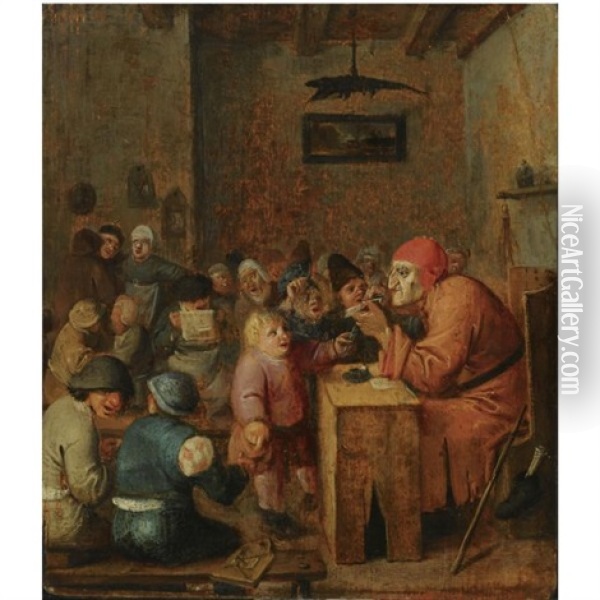 A Schoolroom Interior With Children Gathered Around A Schoolmaster Oil Painting - Adriaen Brouwer