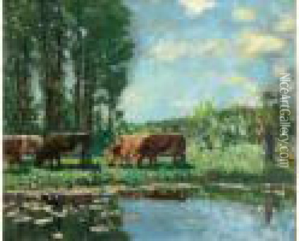 Vaches Au Bord D'un Etang Oil Painting - Pierre Eugene Montezin