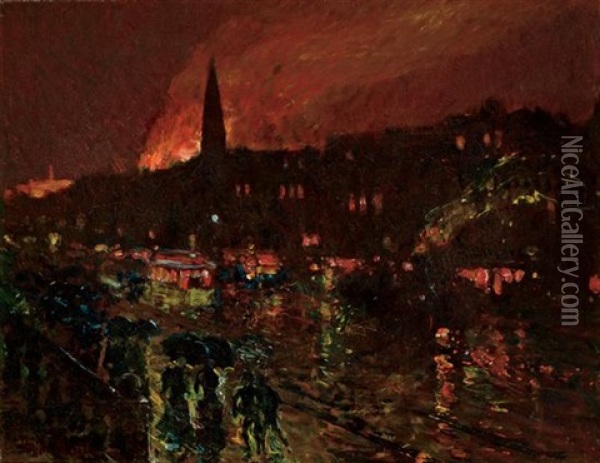 The Alarm, Firelight, Boston Oil Painting - Childe Hassam