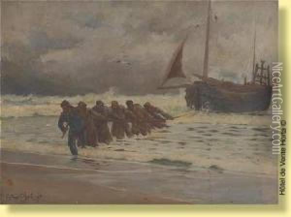 Pecheurs Halant Leurs Embarcations Sur La Plage Oil Painting - Eugene Chigot