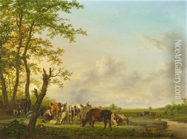 Meadow Landscape With A Shepherd And Shepherdess Oil Painting - Jan Kobell the Younger