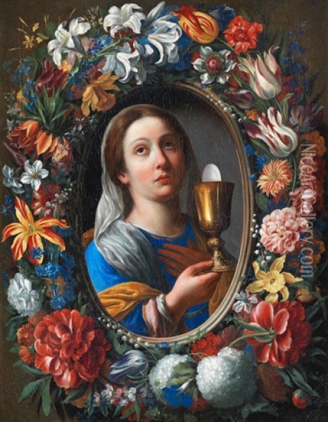 An Allegory Of Faith Surrounded By A Garland Of Flowers Oil Painting - Giovanni Stanchi