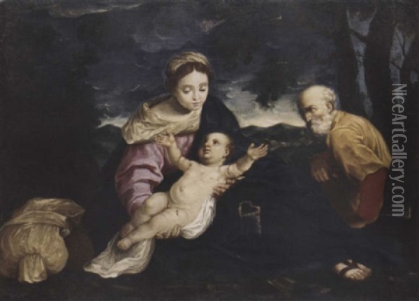 The Rest On The Flight Into Egypt Oil Painting - Simone Cantarini