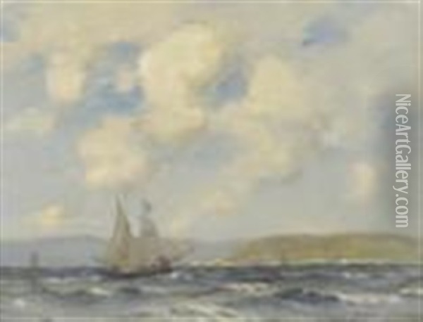 Fishing Boats Off A Sunlit Coastline Oil Painting - Patrick Downie