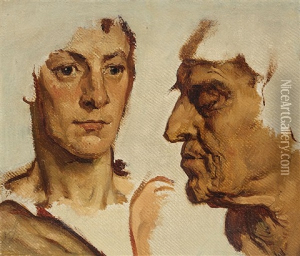 Study Of Two Heads Oil Painting - Peter Johann Theodor Janssen