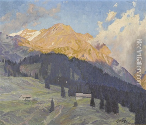 Gebirgspartie Mit Bauernhofen Vor Alpenfirn Oil Painting - Paul Schuerch