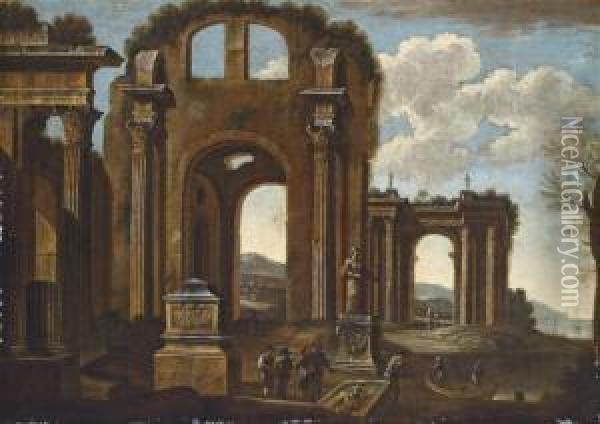 A Capriccio Of Classical Ruins With Figures Oil Painting - Nicolo Viviani Codazzi