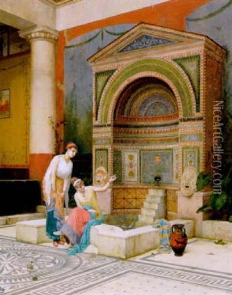 Pompeijanisches Atrium Mit Fischen Futternden Frauen Oil Painting - Luigi Bazzani