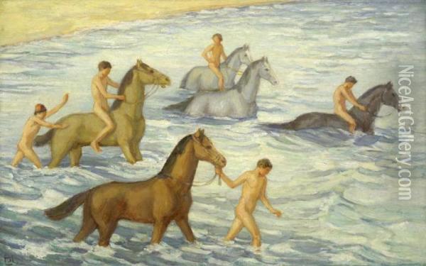 Reitende Knaben Am Strand Oil Painting - Ludwig Von Hofmann