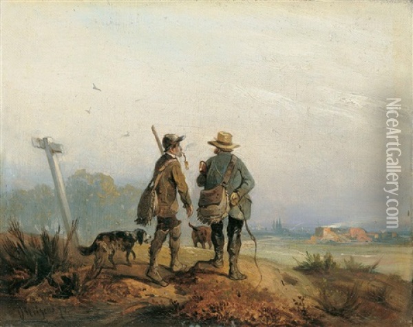 Die Ruckkehr Von Der Jagd. Landschaft Mit Zwei Jagern Oil Painting - Carl Hilgers