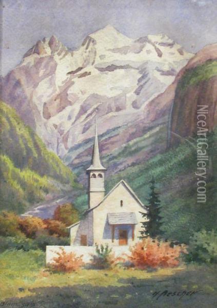 Church At The Mountain Foot Oil Painting - Hans Aesher