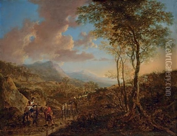 An Italianate Landscape With Peasants On A Path Oil Painting - Jan Dirksz. Both
