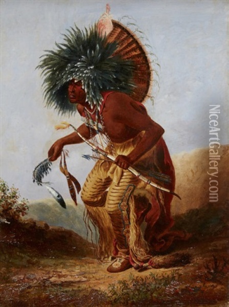 Pehriska-ruhpa. A Moennitari Warrior In The Costume Of The Dog Danse (after Karl Bodmer) Oil Painting - Tracey R. Edson