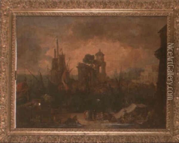 Vue De Port Imaginaire Avec L'arc De Triomphe Et Le Mausolee De Saint Remy Oil Painting - Jean-Baptiste de LaRose