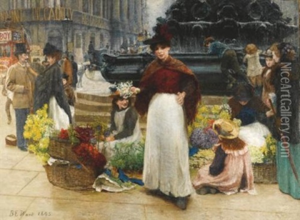 London Flower Girls, Piccadilly Circus Oil Painting - Benjamin Evans Ward