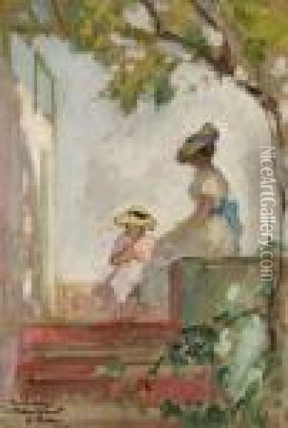 Sainte-maxime, Madame Lebasque Et Sa Fille Sur La Terrasse Oil Painting - Henri Lebasque