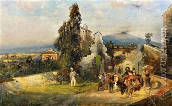 Reisegesellschaft Vor Neapel Oil Painting - Oswald Achenbach