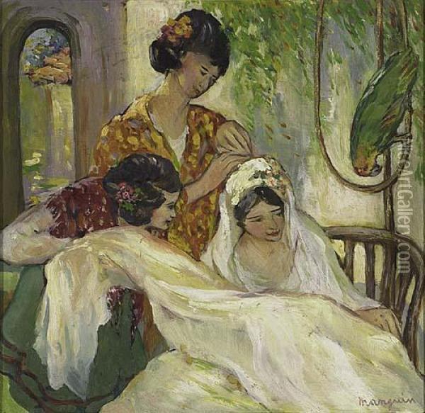 Bride With Two Women And A Parrot>. Oil Painting - Henri Charles Manguin