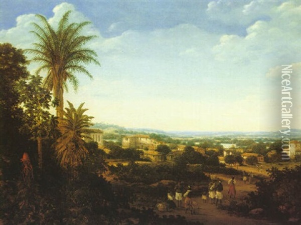 A Brazilian Landscape With A Large Coco Palm Oil Painting - Frans Jansz Post