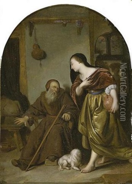 La Femme De Jeroboam Et Le Prophete Ahijah (after Frans Van Mieris The Elder) Oil Painting - Willem van Mieris