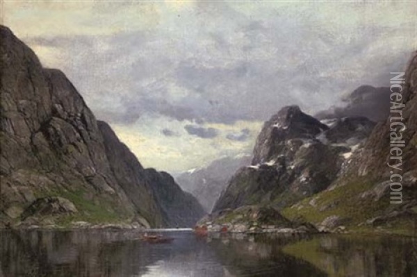 Rowing On A Fjord Oil Painting - Conrad Hans Selmyhr