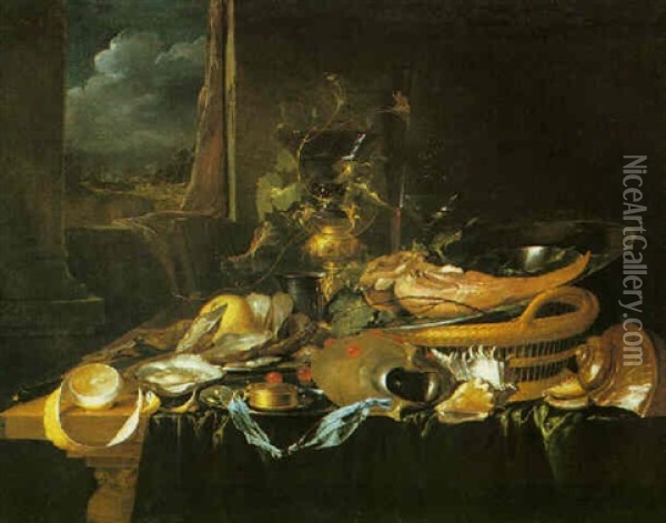 A Pronk Still Life With An Ox Tongue, A Silver Dish, A Peeled Lemon And Other Items All Upon A Draped Table, A Landscape Beyond Oil Painting - Jan Davidsz De Heem