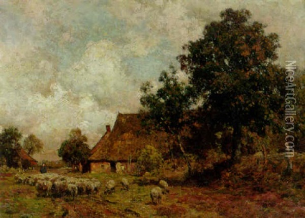 A Summer Landscape With A Shepherd And A Flock Passing A Cottage Oil Painting - Julius Jacobus Van De Sande Bakhuyzen