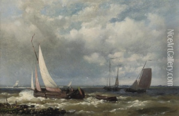 Sailing-vessels On A River Estuary (+ A Calm Harbour In Late Afternoon; Pair) Oil Painting - Abraham Hulk the Elder