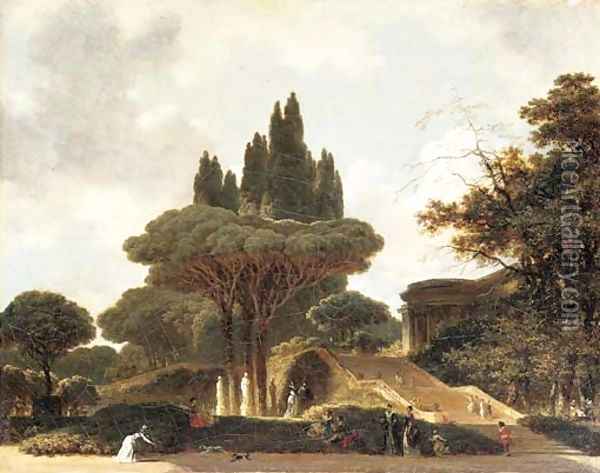 A park landscape with elegant figures promenading Oil Painting - Jean-Honore Fragonard