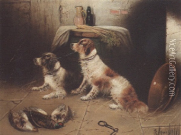 Spaniels With Dead Game In A Barn Oil Painting - Edward Armfield